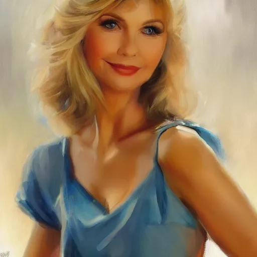 Image similar to closeup portrait of olivia newton john in the music video hopelessly devoted to you, evening, highly detailed oil painting, vladimir volegov, artstation