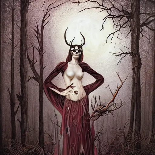 Image similar to an epic horrific wiccan gothic painting of a mother - nature witch cult woman wearing a deer skull, in a moonlit forest by gerald brom by junji ito by vanessa lemen by charlie bowater