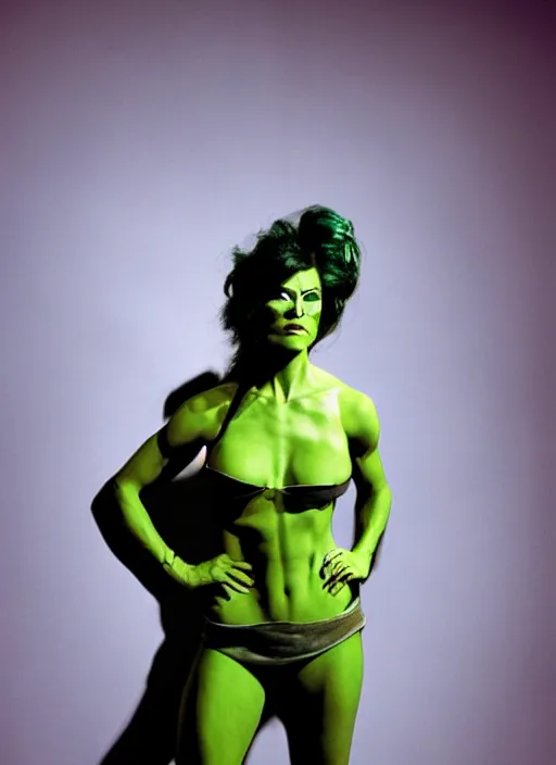 Prompt: a color photo portrait of she hulk in la wearing high fashion, modern, by tim walker, dramatic lighting, 7 5 mm lens, sharp focus.