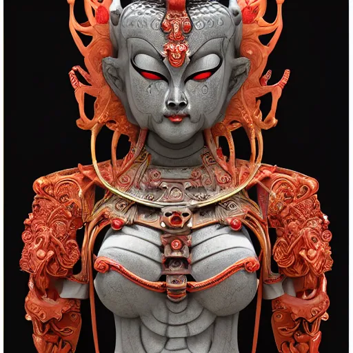 Image similar to naraka buddhist demon korean female, highly detailed, symmetrical long head, red blood eyes, smooth marble surfaces, detailed ink illustration, raiden metal gear, cinematic smooth stone, deep aesthetic, concept art, post process, 4 k, carved marble texture and silk cloth, latex skin, highly ornate intricate details, in the style of 8 8 grzes