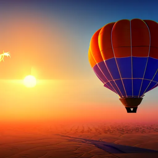 Image similar to 3D render of a medieval flying dragon attacking a hot air balloon during sunset, extremely detailed, 4K