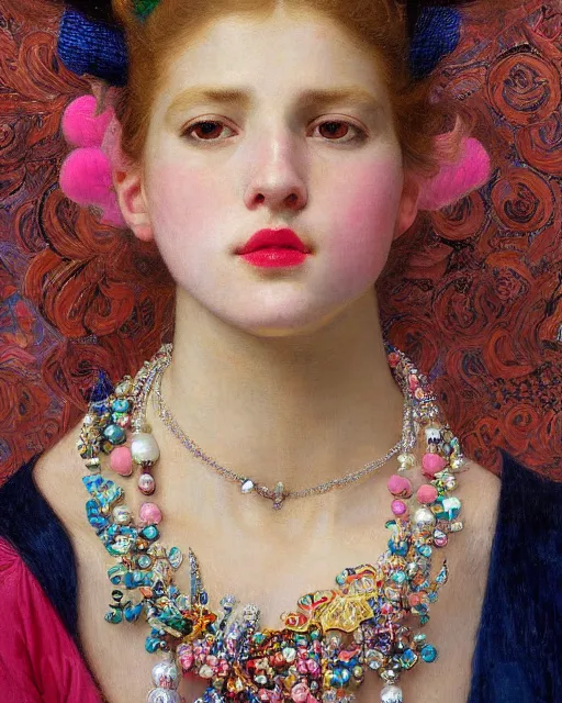 Prompt: a close up of beautiful cheerleader girl with pink lipstick wearing a multicoloured necklace surrounded by colourful intricate patterns, by edgar maxence and caravaggio and michael whelan, intricate painting, hyper realistic, extremely detailed and beautiful aesthetic face, 8 k resolution