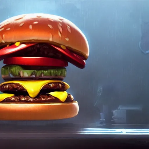 Image similar to hyper realistic hamburger as a xenomorph, painted by greg rutkowski, unreal engine, pixar,