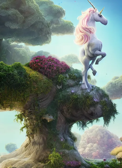 Image similar to unicorn on a lunarpunk biome, au naturel, hyper detailed, digital art, trending in artstation, cinematic lighting, studio quality, smooth render, unreal engine 5 rendered, octane rendered, art style by pixar dreamworks warner bros disney riot games and arcane.