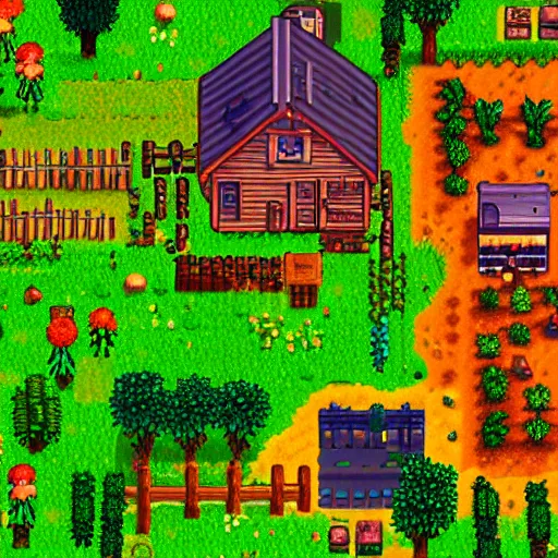 Image similar to the perfect farm in stardew valley, detailed, trending, digital art on artstation