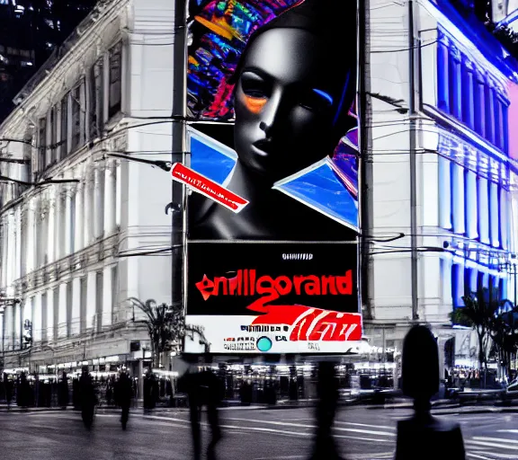 Image similar to night time photo of billboard advertisement of extremely beautiful female black marble statue in the style of virgil abloh, colorful motocross logos behind her, sharp focus, clear, detailed,, cinematic, detailed, off white, glamourous, symmetrical, vogue, editorial, fashion, magazine shoot, glossy