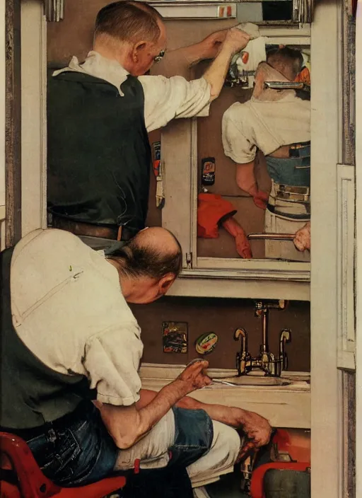 Prompt: a balding white man,, slim, wearing plumber uniform, norman rockwell painting, fixing sink