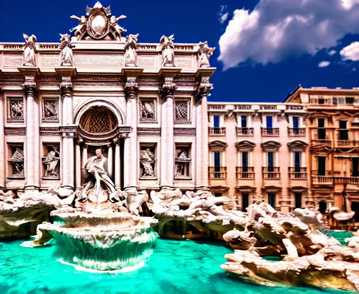 Image similar to 4 k hd, high detail photograph of fountain trevi, shot with sigma f / 4. 2, 2 5 0 mm sharp lens, wide shot, volumetric lighting, high level texture render, unreal engine