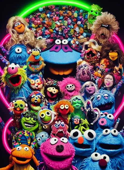 Prompt: 8k hyper realistic detailed image swirl of unholy Cookie Monster rites in a coven of Muppets, Black Frank the goat and neon pentagram in the center, rich deep colors, neon colors, cinematic shot by Alfonso Cuaron, part by Gaspar Noe. Art by Takashi Murakami, part by Jeff Koons. wide angle. masterpiece, ultra detailed