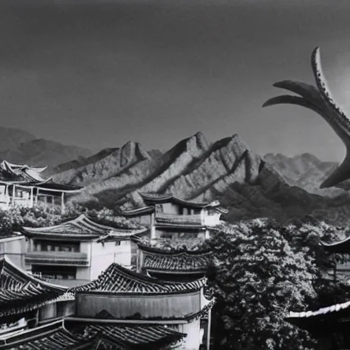 Prompt: a giant Kaiju Starfish Monster over a traditional Korean village, minimal cinematography by Akira Kurosawa, hyperrealistic movie filmstill, film noir, thriller produced by Kim Jong-il