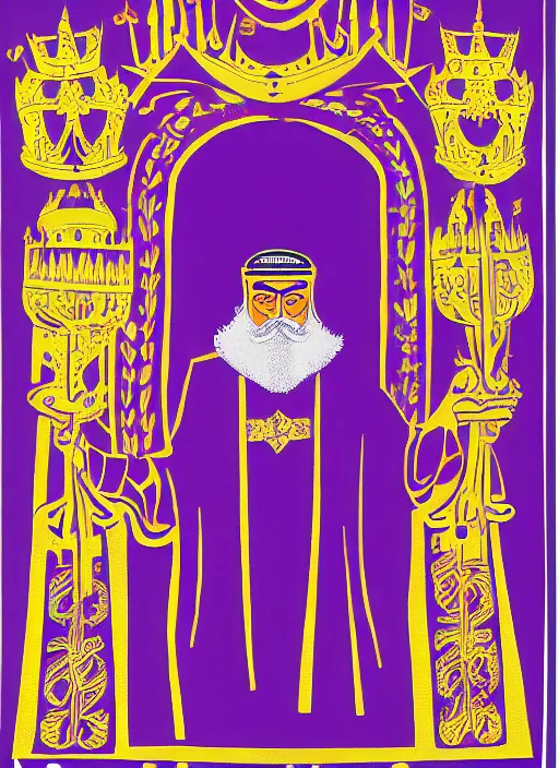 Image similar to Polish posters for Arabic king with long beard wearing purple robes, king's crown, and golden scepter. Screen printed, silkscreen, paper texture. 1968