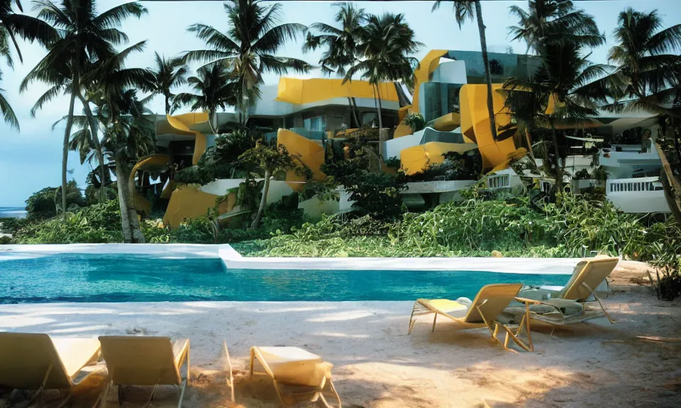 Prompt: 35mm film still, morning light over futuristic low-Fi villa on the beach at a tropical island, vivid , color palette of gold, infinity pool in front of house