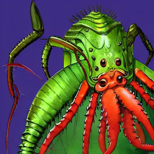 Prompt: an aldani looks like a giant lobster that walks upright. its face is mostly encased in armor, looking almost humanoid except for its long eyestalks. despite their frightful appearance, aldani avoid conflict. reclusive and xenophobic, they hide in their lakes and rivers. - n 4