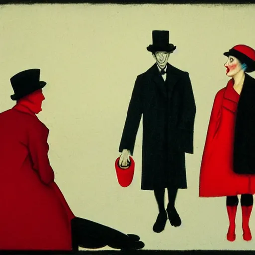Image similar to A thin man in a black coat and bowler hat talks with girl who is dressed in a red coat and a red hat, Berlin park, autumn, 1923, in the style of in the style of Francis Bacon and Syd Mead and Norman Rockwell and Beksinski, high detail, width 768