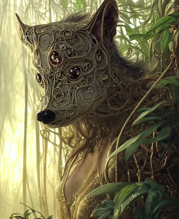 Prompt: exquisite, intricate ornate opulent transparent clear see - through portrait of a terrifying beautiful male alien wolf, mottled coloring, adorable, childlike, overgrown jungle environment, ultra realistic, concept art, art nouveau, photorealistic, octane render, 8 k, unreal engine. art by christopher marley and artgerm and greg rutkowski and alphonse mucha