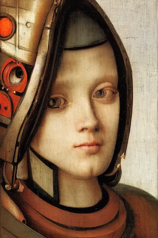 Image similar to a close - up portrait of a cyberpunk cyborg girl, by jan van eyck, rule of thirds