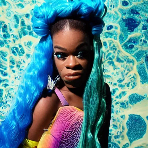 Prompt: azealia banks fantasea ii : the second wave, seapunk 2. 0, yemaya, madre agua, rapunzel mermaid hair