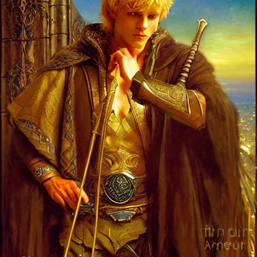 Image similar to handsome arthur pendragon in love with handsome merlin the mage. merlin is also in love with arthur. highly detailed painting by gaston bussiere, craig mullins, j. c. leyendecker