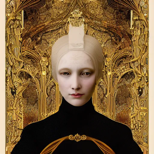 Prompt: a beautiful girl made of ivory and gold, highly intricate, digital art, very detailed, in the style of a weird and dark eerie liminal art nouveau flemish painting, 8k, octane render