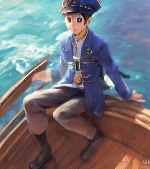 Image similar to a Russian Blue cat pirate on a boat, sitting down, captain hat, proud, shallow depth of field. By Makoto Shinkai, Stanley Artgerm Lau, WLOP, Rossdraws, James Jean, Andrei Riabovitchev, Marc Simonetti, krenz cushart, Sakimichan, trending on ArtStation, digital art