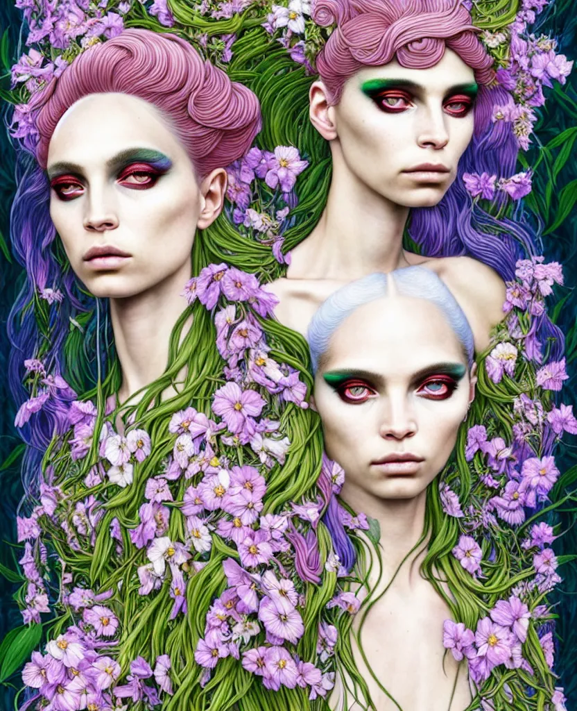 Image similar to the androgynous deity of Spring, 1 figure only, looks a blend of Grimes, Lana Del Rey, Aurora Aksnes, and Zoë Kravitz, made entirely out of flora and fauna, in a style combining Botticelli, Möbius and Æon Flux, surrealism, stunningly detailed artwork, hyper photorealistic 4K, stunning gradient colors, very fine inking lines