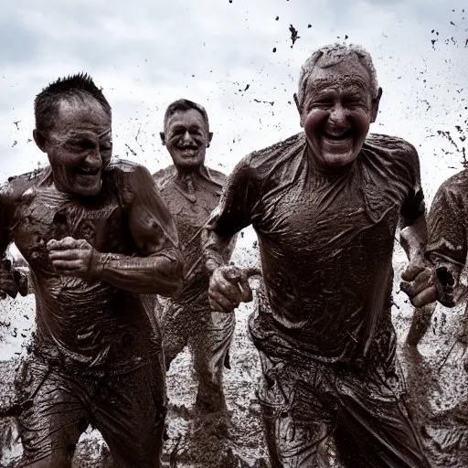 Prompt: action photography old men running, sprinting in mud, faces covered by mud, enjoying it, fun, high resolution, 8 k, hd, dslr