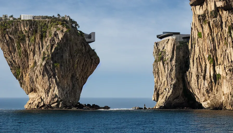 Image similar to bond villain base perched on a cliff overlooking a magnificient bay, brutalism architecture on cliffs, drawing architecture, pritzker architecture prize, greig fraser