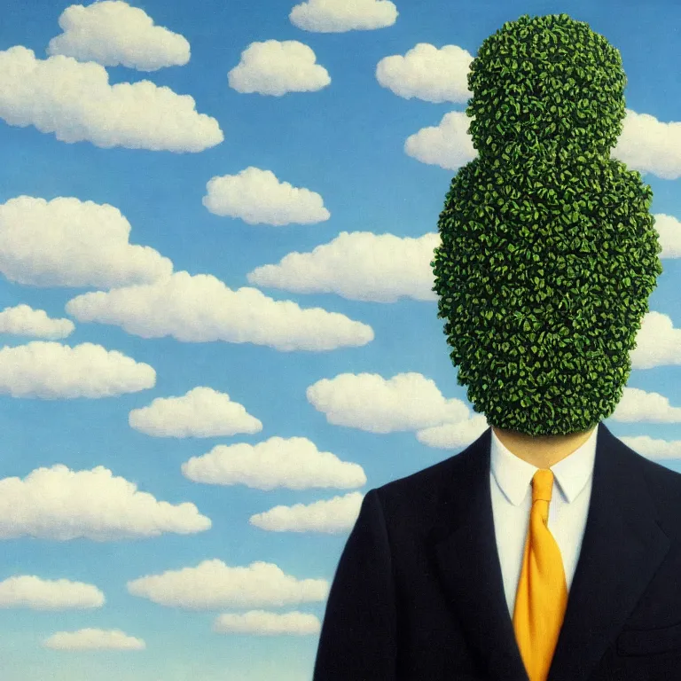 Image similar to portrait of a faceless beautiful flower - head man in a suit, clouds in the background, by rene magritte, detailed painting, distance, middle centered, hd, hq, high resolution, high detail, 4 k, 8 k