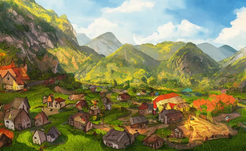 Image similar to a small village in a valley, villagers busy farming, a dragon in a distance, storybook, gouache, flat, concept art, lush, print