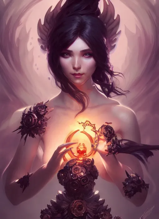 Image similar to summoner with a cute death elemental, fantasy, intricate, elegant, highly detailed, digital painting, artstation, concept art, wallpaper, smooth, sharp focus, illustration, art by artgerm and greg rutkowski and alphonse mucha