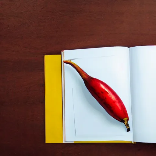 Image similar to photographic, hyperrealistic image, of a red banana, on top of a yellow book, on top of a dining table, detailed, HD, cinematic