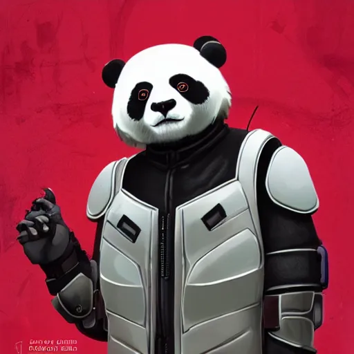 Prompt: anthropomorphic panda in cybernetic armour, cyberpunk, futuristic, wear and tear, battle hardened, shell shocked eyes, artstation, dirty, ray tracing