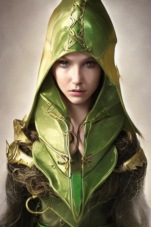 Prompt: a beautiful portrait of a young woman, green elf ranger with long flowing hair and a green leather hood, elf ranger leather armor with green colors and gold lining, young female face, cinematic top lighting, insanely detailed and intricate, face by wlop, Charlie Bowater, golden ratio, symmetric, elegant, ornate, luxury, elite, matte painting, cinematic, trending on artstation, deviantart and cgsociety, 8k, high resolution