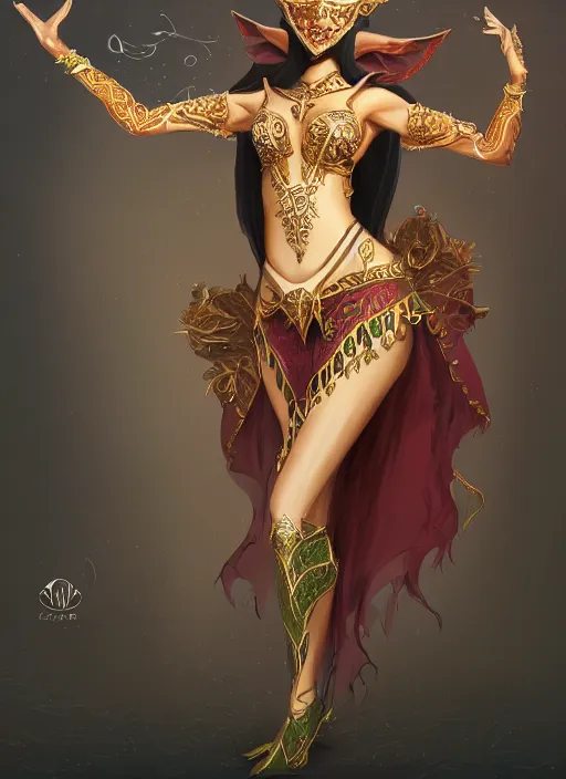 Prompt: a highly detailed illustration of a masked elegant elf arabian dancer, gracefully belly dancing pose, waving arms, intricate, elegant, highly detailed, centered, digital painting, artstation, concept art, smooth, sharp focus, league of legends concept art, WLOP