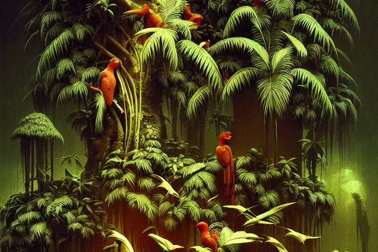 Image similar to jungle and tropical forest banana palm and tropical birds, in the style of beksinski, intricate and epic composition, white by caravaggio, insanely quality, highly detailed, masterpiece, white light, artstation, 4 k