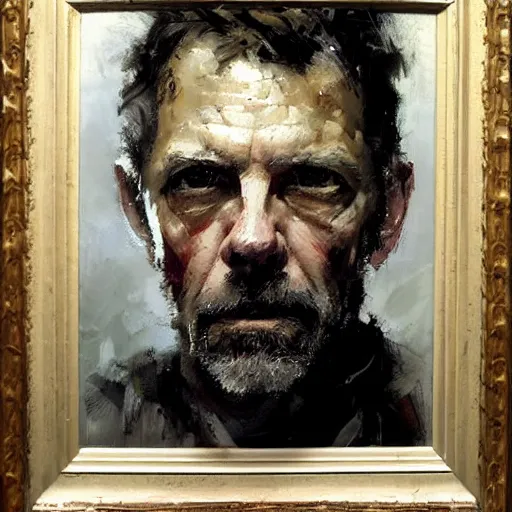 Prompt: face protrait of doctor house,, jeremy mann painting