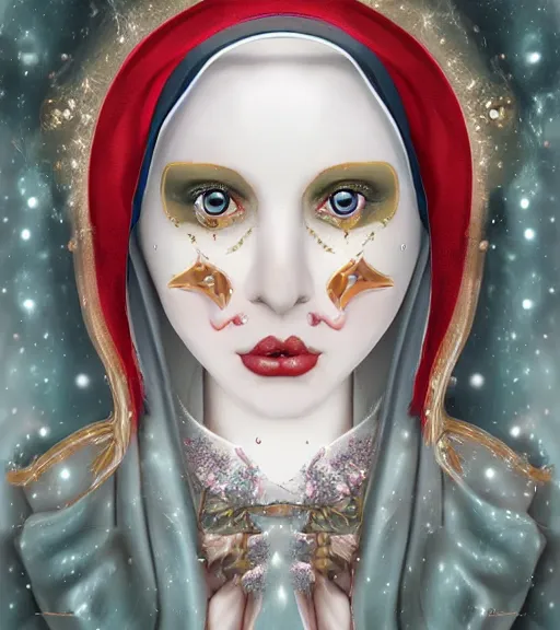 Prompt: beautiful female character inspired by venice carnival, christmas and nun | | digital artwork made by greg rutswork, anna dittmann and lois van barlee, symmetrical, anatomically correct