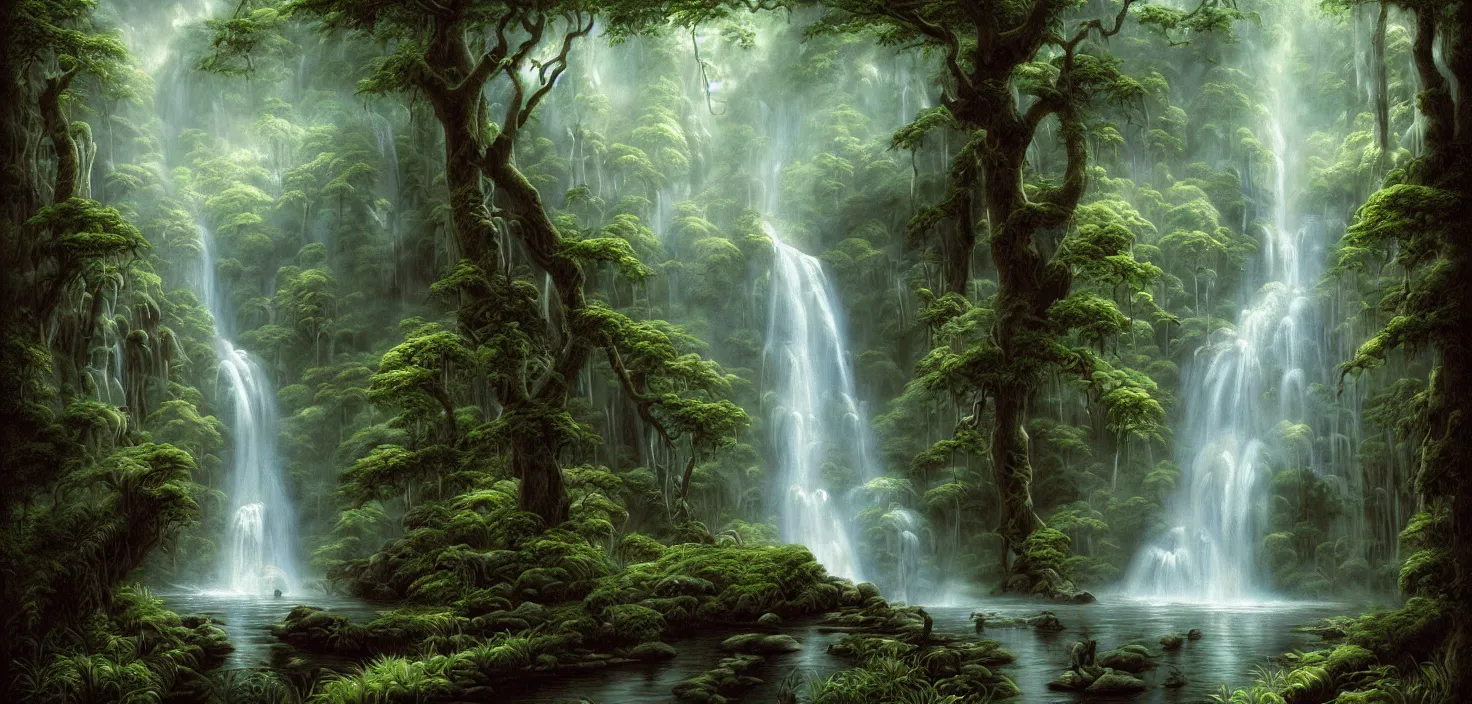 Prompt: a painting of a waterfall in a forest, a detailed matte painting by todd lockwood, deviantart, fantasy art, matte painting, matte drawing, airbrush art