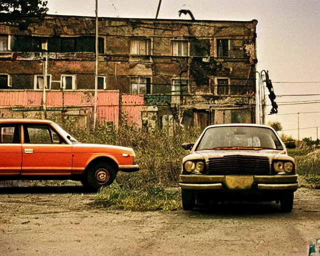 Image similar to a lomographic photo of old soviet car standing in typical soviet yard in small town, soviet suburbs on background, cinestill, bokeh, 1 9 8 0