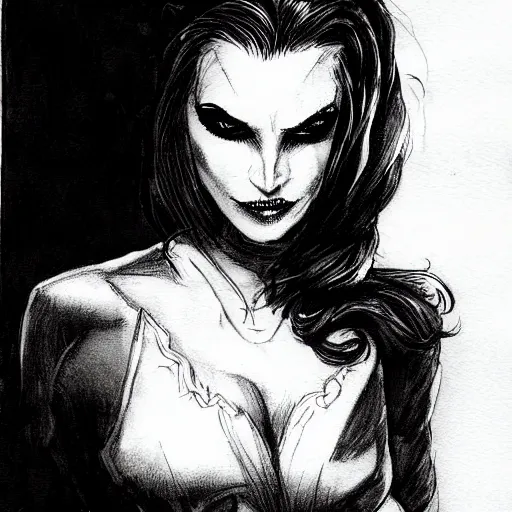 Prompt: vampire woman lawyer from nyc, character portrait, ink drawing, black and white, concept art by tim bradstreet