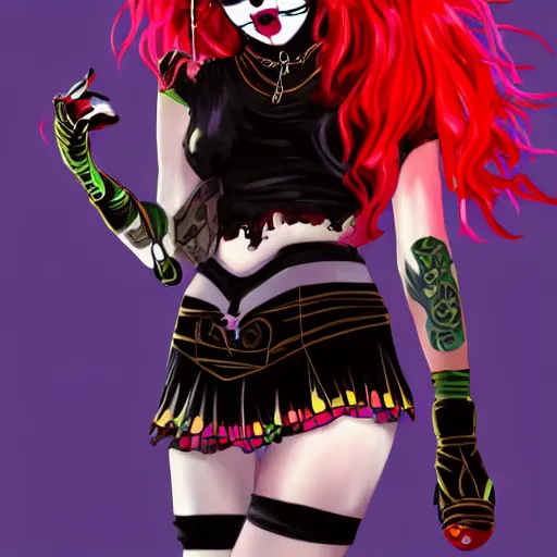 Prompt: goth anime clown in mini skirt and crop top intricate, extremely detailed, digital painting, artstation, concept art, smooth, sharp focus, illustration, intimidating lighting, incredible art, face and body