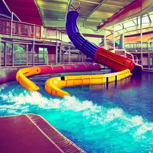 Prompt: dark, empty indoor children's water park with colorful water slides, nostalgic, hazy, dream - like