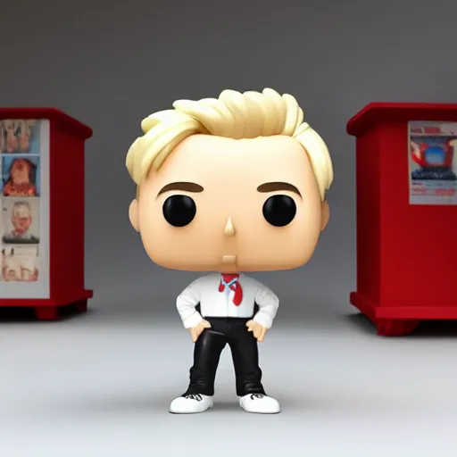 Image similar to funko pop, white man with blonde hair, 3d character model, funko pop, white background