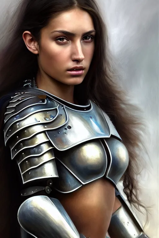 Image similar to a photorealistically painted portrait of an attractive young girl, partially clothed in metal-plated battle armor, with an abstractly painted background, flawless olive skin, fair complexion, long dark hair, beautiful bone structure, perfectly symmetric facial features, perfect photorealistic eyes, natural physique, intricate, elegant, digital painting, concept art, finely detailed, beautifully illustrated, sharp focus, minimal artifacts, volumetric lighting, from DOOM and Halo, by Ruan Jia and Mandy Jurgens and Artgerm and William-Adolphe Bouguerea, in the style of Greg Rutkowski, trending on Artstation, award winning art