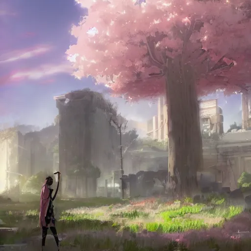 Prompt: apocalyptic ruins. pink tree in the center. Atmospheric lighting, gloomy, life growing out of ruins. Makoto Shinkai, anime, trending on ArtStation, digital art.