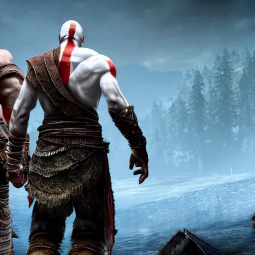 Image similar to screenshot of the game God of War with Kratos and walter white