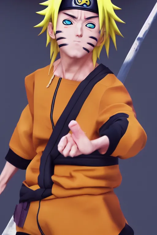 Image similar to hyperrealistic photography of Naruto Uzumaki style of Gal Yosef, full-shot, merged character, 4k, highly detailed, cinematic lighting, photorealistic, 3d render, award winning render, unreal engine, masterpiece, octane render, sharp focus, studio lighting, 8k, hd