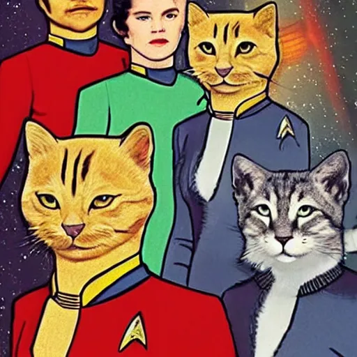 Prompt: a scene from star trek but the crew are cats