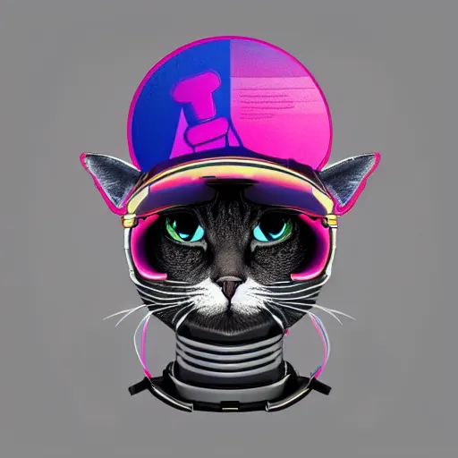 Image similar to a half robot cat wearing a hat, outrun, vaporware, shaded flat illustration, digital art, trending on artstation, highly detailed, fine detail, intricate