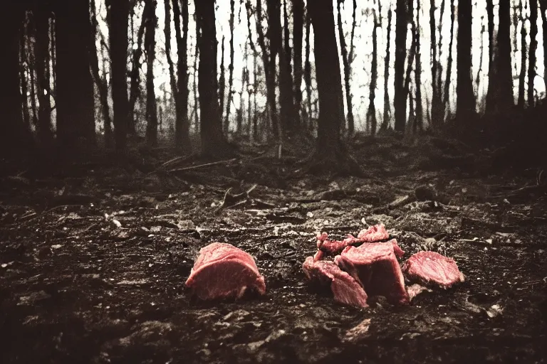 Image similar to terrible dark forest in the depths of which there is a thick butcher in a dirty shirt, chopping meat on a wooden stump, filmed hidden on a phone camera, Cinematic, wildlife photography, 35mm, photo on iphone